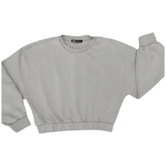 Zara Cropped Gray Sweatshirt Elastic Hem Long Sleeve Pullover Casual Top M - Picture 1 of 8